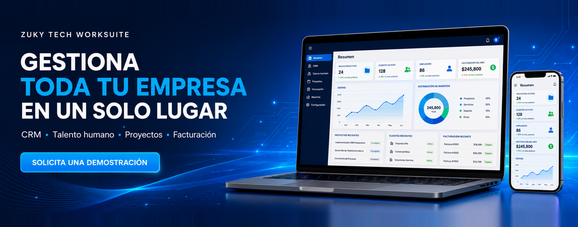 ERP para empresas, CRM empresarial, software de gestión empresarial, gestión de clientes, recursos humanos, facturación, gestión de proyectos, Zuky Tech Worksuite, software empresarial Colombia.